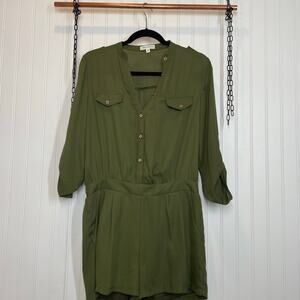 Miss Avenue Women Green Pleated Long Sleeve Pocket Button Romper Size L